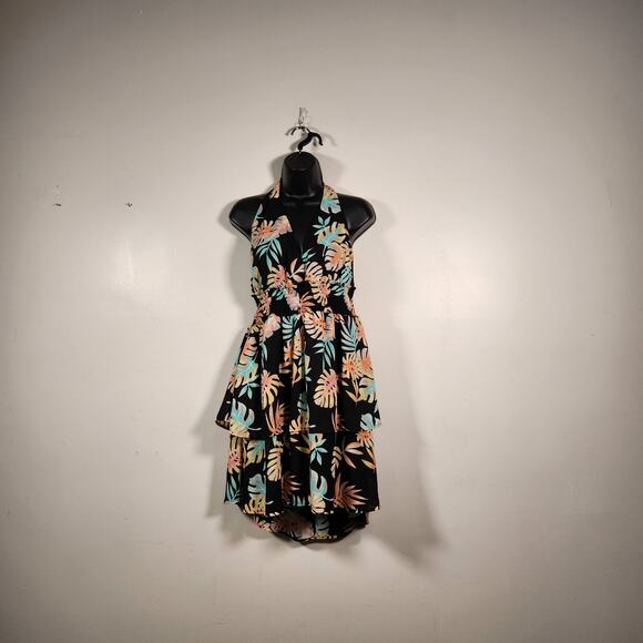 MADDEN NYC Black Beauty Plunge Halter Dress Juniors XL Black Pastel Tropical - Picture 1 of 11